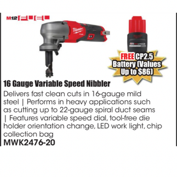 Milwaukee MWK2476-20, M12 Fuel Nibbler, Variable Speed Nibbler, Metalworking, Clean Cuts, Precision, Cordless Freedom