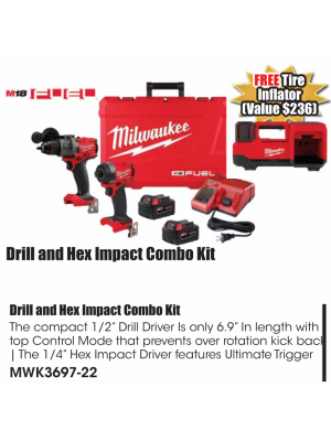 Milwaukee MWK3697-22, M18 Combo Kit, Drill and Impact Kit, Cordless Tools, Bonus Inflator, Precision, Cordless Power