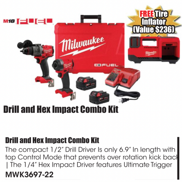 Milwaukee MWK3697-22, M18 Combo Kit, Drill and Impact Kit, Cordless Tools, Bonus Inflator, Precision, Cordless Power